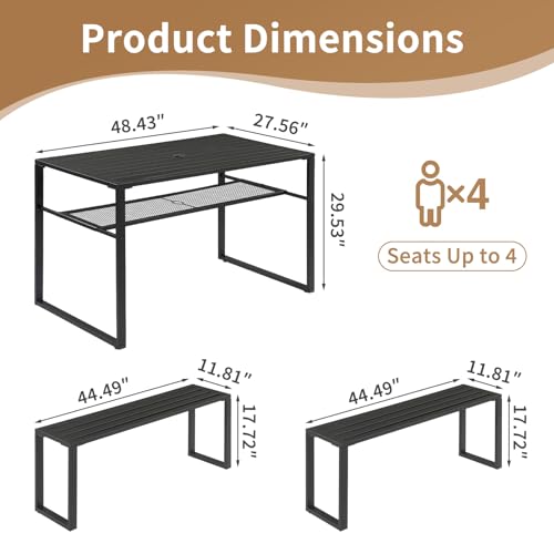 Outvita 49" Metal Patio Dining Set w/Umbrella Hole, Storage Shelf