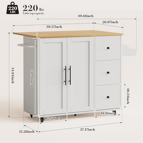 GRUSIGN Kitchen Island on Wheels with Storage-Multifunctional Kitchen Island Cart with Drop Leaf, Rolling Island with Spice/Towel Rack,Expandable Island Table Kitchen,39.37" Width,White