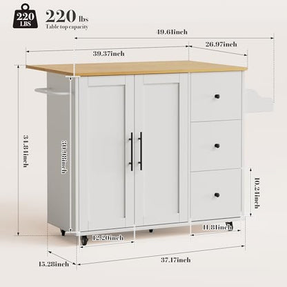GRUSIGN Kitchen Island on Wheels with Storage-Multifunctional Kitchen Island Cart with Drop Leaf, Rolling Island with Spice/Towel Rack,Expandable Island Table Kitchen,39.37" Width,White