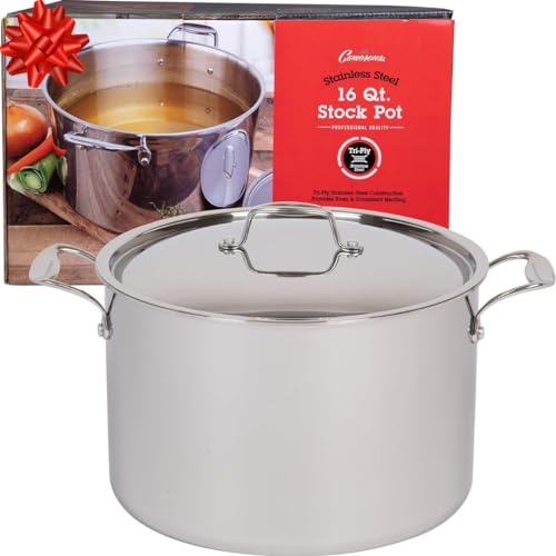 Camerons 16 Quart Stock Pot with Lid - 18/10 Professional Grade Tri-Ply Stainless Steel Stockpot - Commercial Grade Sauce Pot with Stick Resistant Interior, Stay Cool Handles & Induction Compatible