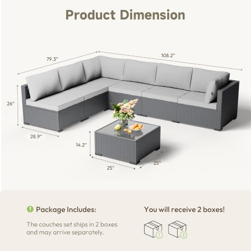LAWNOOK Patio Furniture Set - All-Weather - 7 Piece Patio Outdoor Conversation Set, Modular Wicker Rattan Sectional Sofa for Backyard, Garden, Poolside, Balcony, Porch, Patio,Black/Light Gray
