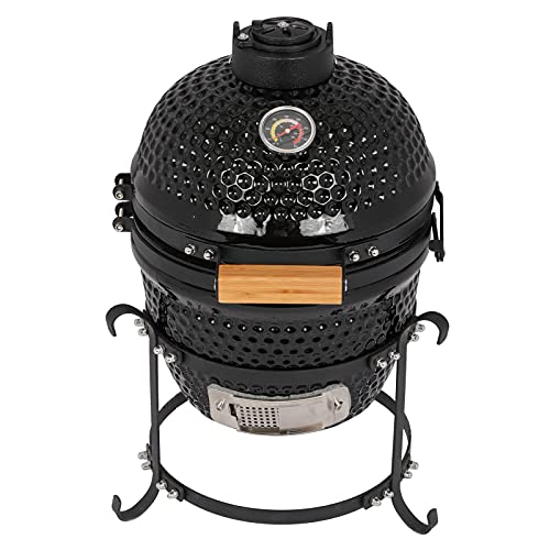 13" Portable Round Ceramic Charcoal Grill,Outdoor Barbecue Smoker,Heavy Duty Outdoor BBQ Grill,Vertical Camping Barbecue Grill,with Built-in Thermometer,for Garden Patio Beach Backyard (Black)