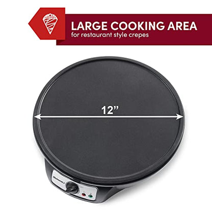 Elite Gourmet ECP-126 Electric Crepe Maker, Pancake, Hot Cakes and Non-stick Griddle with Spreader, Spatula and Recipes, 12", Black