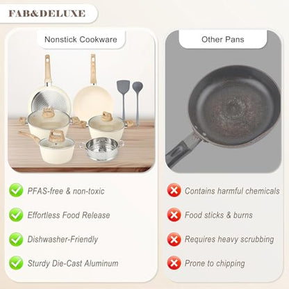 Ray Bear 11 Pcs Pots and Pans Set, Nonstick Cookware Set with Lids and Wooden Handles, Silicone Spoons & Spatulas, Non-toxic Healthy Kitchen Cooking Set, PFAS & PFOA Free