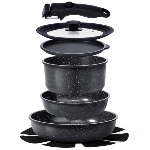 GiPP Ceramic Non Stick Pots and Pans Set,Nonstick Detachable Handle Cookware Sets,Healthy Non Toxic PFAS PFOA & PTFE Free, Dishwasher ＆Oven Safe, Induction Kitchen Pot and Pan, 8 Piece Grey