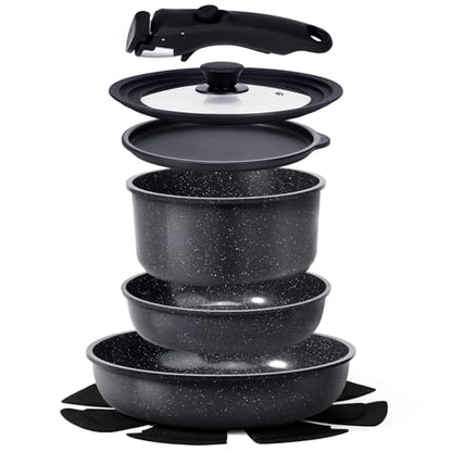 GiPP Ceramic Non Stick Pots and Pans Set,Nonstick Detachable Handle Cookware Sets,Healthy Non Toxic PFAS PFOA & PTFE Free, Dishwasher ＆Oven Safe, Induction Kitchen Pot and Pan, 8 Piece Grey