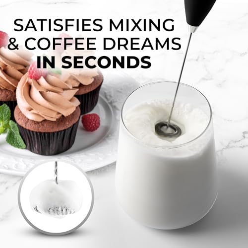 Zulay Kitchen Milk Frother Handheld Electric Whisk – Frother Wand with 2 Duracell Batteries, Durable Drink Mixer, Coffee Frother, Hand Blender, Frother for Protein Powder, Matcha & More - Black