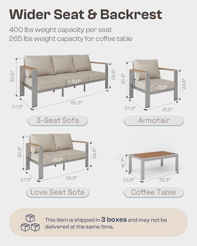 Oasbira Aluminum Outdoor Patio Furniture Set with Coffee Table, 4 Piece Patio Conversation Sets with Washable Thick Cushions, Outdoor Sectional Furniture Set for Porch, Balcony, Deck, Yard, Silver