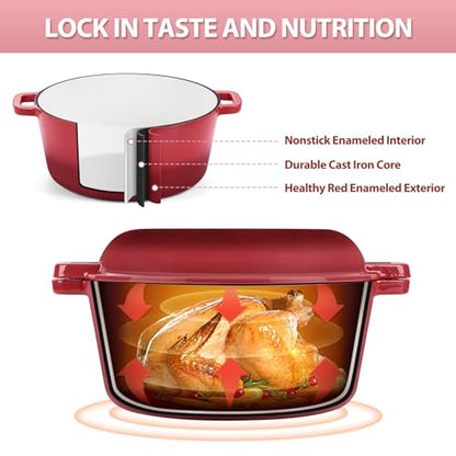 TeamFar 2-In-1 Enameled Cast Iron Dutch Oven, 5 Quart Dutch Oven Pot Cookware with Skillet Lid for Bread Baking Braising Stewing Roasting, Heavy-Duty & Nonstick, Oven Safe & Fit for Induction (Red)