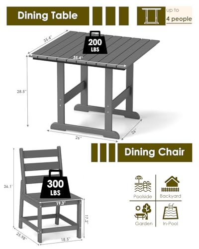GREENVINES 5-Piece-Outdoor-Dining-Set | HDPE | Square | Patio Furniture | All Weather | Armless Chair | Slatted Table and Chairs Sets for 4 | for Backyard Poolside Garden | Grey