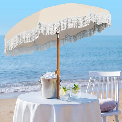 AreShark 7ft Patio Umbrella with Fringe, UPF50+ Beach Umbrella for Table, Pool & Garden, Portable Outdoor Tassels Umbrella w/Fiberglass Ribs&Push Bottom Tilt(Ivory)