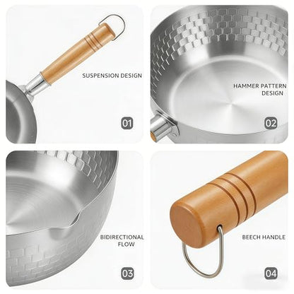 2 Quart Sauce Pan with Lid, Stainless Steel Saucepan with Dual Pour Spouts, Small Sauce Pot with Cool-Touch Wood Handle