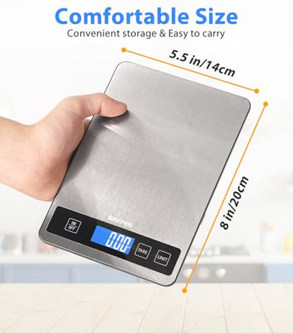 BakFee Food Scale - 15kg/33lb Rechargeable Digital Kitchen Scale with Full-View LCD Display, Grams and Ounces, Type-C or Batteries, Easy Clean Stainless Steel, for Baking, Cooking & Meal Prep, Black