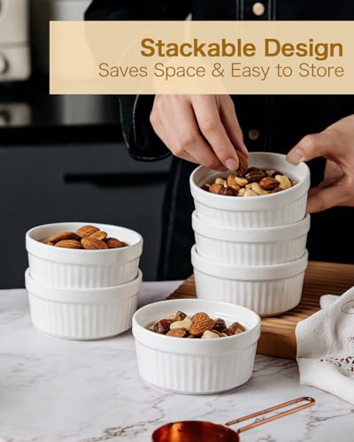 KITCHENLESTAR 7 oz Ramekins Set of 6, Oven Safe Porcelain Ramekin Bowls for Creme Brulee, Souffle & Custard, Dessert Cups & Dipping Sauce Dishes, Stackable, Soft White