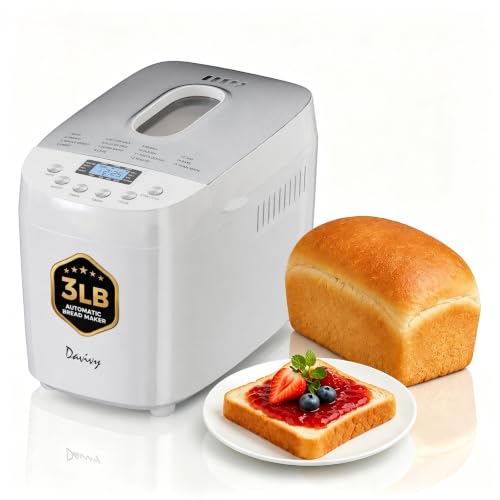 Davivy Bread Maker Machine 3LB with 2 Dough Kneading Paddles,15-in-1 Automatic Large Capacity Bread Machine Nonstick Bowl For Bread, Jam& Yogurt, 3 Loaf Sizes and 3 crust settings（silver，1.5kg）