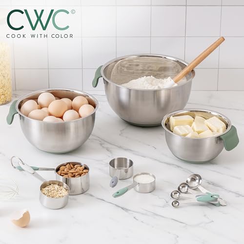 COOK WITH COLOR Stainless Steel Mixing Bowls Set and Measuring Cups- Nesting Bowls with Non-Slip Bottom and Easy-Grip Handles, Sage, 11 Pieces