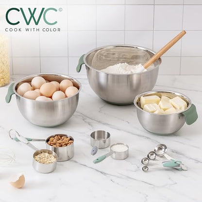 COOK WITH COLOR Stainless Steel Mixing Bowls Set and Measuring Cups- Nesting Bowls with Non-Slip Bottom and Easy-Grip Handles, Sage, 11 Pieces