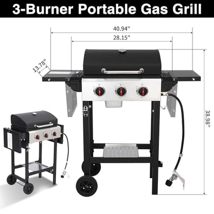GRILL DEPOTS Propane Gas Grill with Folding Side Tables, 3-Burner Gas Grill with Cast Iron Grates and Stainless Steel Griddle Pan, Outdoor BBQ Grill Portable with Wheels 30000 BTU Output