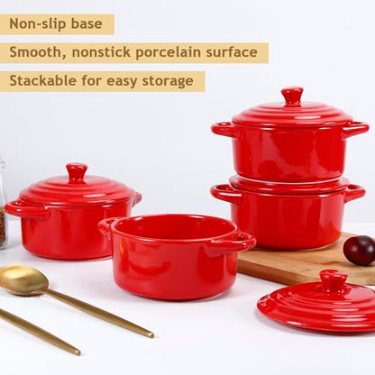 Gabotrie 4 Pcs Mini Cocotte Set, 16Oz Small Ceramic Casserole with Lids, Durable Soup Pot with Handle, Individual Baking Ramekins, Microwave, Oven & Dishwasher Safe, Red