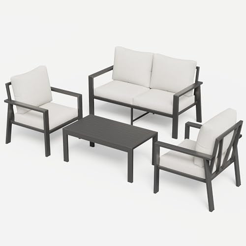 VONZOY Aluminum Patio Furniture Sets Metal Outdoor Furniture Set with Cushion All-Weather Sectional Sofa with Coffee Table for for Backyard, Garden and Poolside Easy Assembly(Beige)