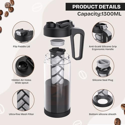 wedrink 44oz Cold Brew Coffee Maker, 1.3L Borosilicate Glass Cold Brew Pitcher with Comfortable Handle, Removable Filter & Anti-Slip Silicone Bottom