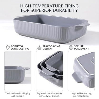 Yachi Ceramic Casserole Dishes for Oven Set of 3 Pcs Rectangular Bakeware Set with Handle for Steak Beef Baking Pan Roast Chicken spaghetti Lasagna Pan vegetables Microwave Oven and Dishwasher Safe Gray (14.8''/12.7''/9.8'')