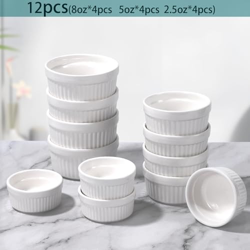 12 Pcs Ceramic Ramekins Oven Safe, Creme Brulee Ramekins for Baking, Small Bowls Dipping Sauce Dish Classic Style, Set of 12（2.5 oz 5 oz 8 oz）