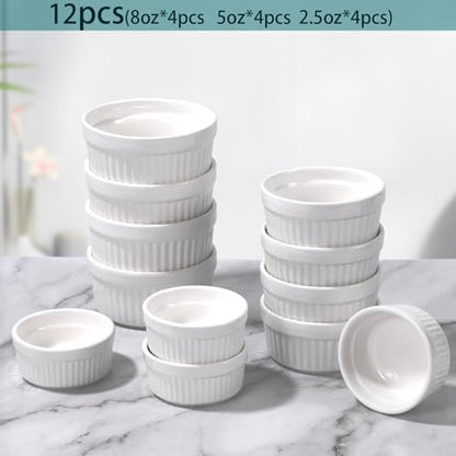 12 Pcs Ceramic Ramekins Oven Safe, Creme Brulee Ramekins for Baking, Small Bowls Dipping Sauce Dish Classic Style, Set of 12（2.5 oz 5 oz 8 oz）