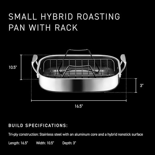 HexClad Hybrid 14 x 10 Inch Rectangular Nonstick Roasting Pan with Rack, Dishwasher-Friendly, Oven-Safe Up to 900°F, Compatible with All Cooktops
