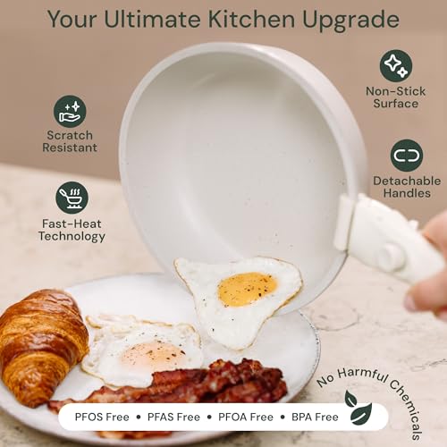 Pinnacle Cookery 15-Piece White Granite Nonstick Cookware Set – Detachable Handles & Tempered Glass Lids – Stackable & Cool-Touch - Induction & Oven Safe to 480°F - Scratch-Resistant, PFOA & PFOS-Free