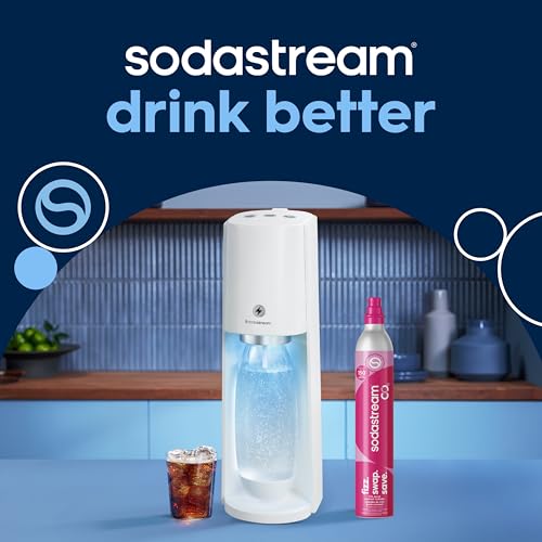 SodaStream - E-TERRA Soda Maker | STARTER KIT | 3 Automatic Carbonation Levels | Includes 1x CO2 Cylinder, 1x 32 Fl Oz Dishwasher Safe Bottle, 1x Pepsi Zero Sugar Mix, 1x Power Adapter | White
