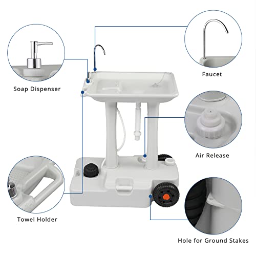 VINGLI 30L Upgraded Portable Sink| Rolling Hand Wash Basin Stand with Towel Holder & Soap Dispenser & Wheels, Perfect for Garden/Camping/Outdoor Events/Gatherings/Worksite/RV/Indoor, White