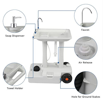 VINGLI 30L Upgraded Portable Sink| Rolling Hand Wash Basin Stand with Towel Holder & Soap Dispenser & Wheels, Perfect for Garden/Camping/Outdoor Events/Gatherings/Worksite/RV/Indoor, White