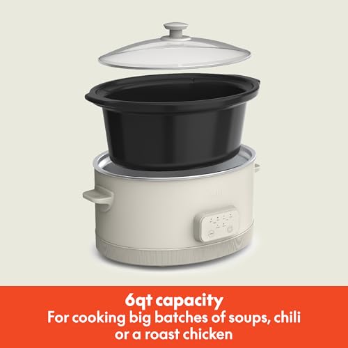 bella 6.0 Qt Programmable Slow Cooker, Ceramic Nonstick Coating, Adjustable Temperature & Cooking Times, Dishwasher Safe Stoneware Pot & Tempered Glass Lid, Tangle Free Cord Wrap, Oatmilk