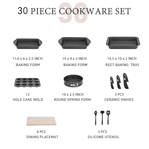 MAISON ARTS 30 Piece Pots and Pans Set Non Stick, Kitchen Cookware & Bakeware Sets with Nonstick Granite Coating, Baking Tray, Frying Pan and Saucepan, Black