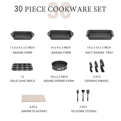 MAISON ARTS 30 Piece Pots and Pans Set Non Stick, Kitchen Cookware & Bakeware Sets with Nonstick Granite Coating, Baking Tray, Frying Pan and Saucepan, Black