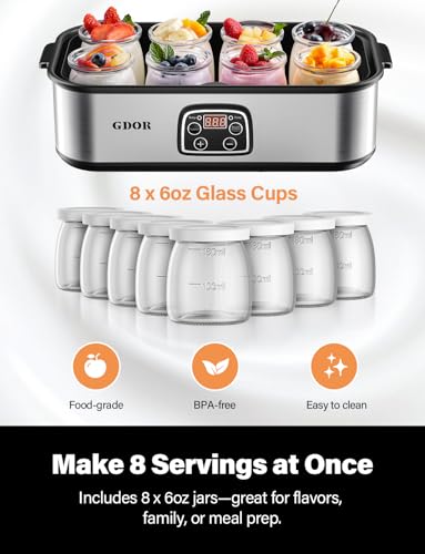 GDOR Yogurt Maker Machine with Adjustable Temp & Time, 48H Timer Digital, 8×6oz BPA-Free Glass Jars for Homemade Probiotic Yogurt, Auto Shut-Off