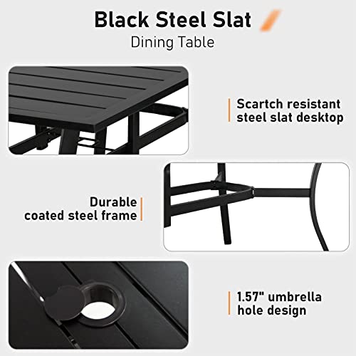 Omelaza 7 Pieces Patio Metal Furniture Outdoor Dining Set with 6 Stackable Bistro Chairs, 60'' x 37'' Rectangle Table and 10Ft Dark Blue Umbrella