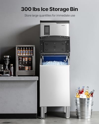 VEVOR Commercial Ice Maker Machine, 300LBS/24H Ice-Making Machine, Ice Maker with 300LBS Stainless Steel Storage Bin, Auto Self-Cleaning, and Touchscreen, for Bar Cafe Restaurant Business
