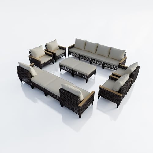 14 Pieces Outdoor Furniture Set, Patio Conversation Sets (Beige Cushions)
