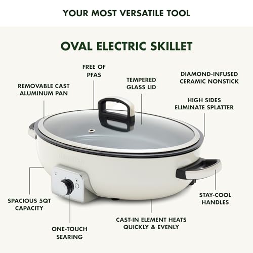 GreenPan Elite 5.5QT Electric Oval Skillet, PFAS-Free Ceramic Nonstick, 1800 Watt, Dishwasher Safe Lid & Removable Crock, Adjustable Temp Control Multi-Cooker, Sear, Sauté, Rice, Stir-Fry, Cream White