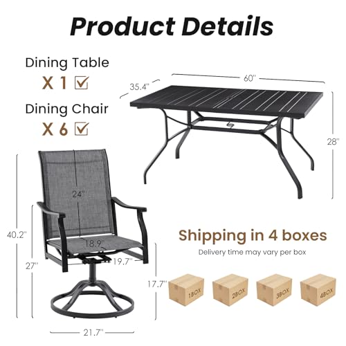 Soohow Outdoor Dining Set for 6, 7-Piece Patio Table and Chairs Set, 6 x Swivel Patio Dining Chairs with Textilene Fabric and 60"x35" Outdoor Table with 1.57" Umbrella Hole for Backyard, Poolside