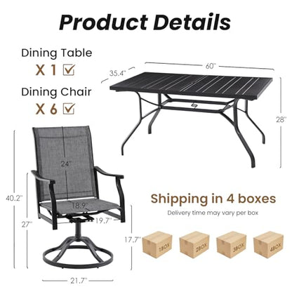 Soohow Outdoor Dining Set for 6, 7-Piece Patio Table and Chairs Set, 6 x Swivel Patio Dining Chairs with Textilene Fabric and 60"x35" Outdoor Table with 1.57" Umbrella Hole for Backyard, Poolside