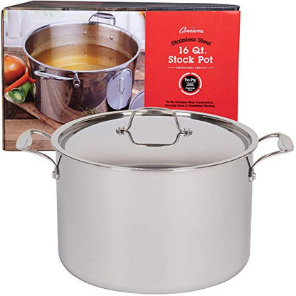 Camerons 16 Quart Stock Pot with Lid - 18/10 Professional Grade Tri-Ply Stainless Steel Stockpot - Commercial Grade Sauce Pot with Stick Resistant Interior, Stay Cool Handles & Induction Compatible