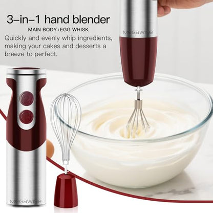 MEGAWISE 3-in-1 Immersion Hand Blender, 800W 12-Speed Stick Blender with Turbo, Egg Whisk & Milk Frother for Soups, Smoothies, Sauces and Baby Food, Red