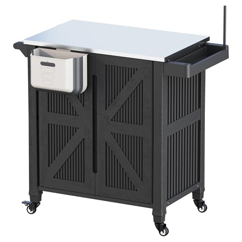 Outdoor Grill Cart with Stainless Steel Top, Outdoor Kitchen Island BBQ Prep Table, 2-Tier Storage Cabinet, Rolling Utility Station with Hanging Trash Bin, Wheels, Side Shelf for Patio, Yard, Picnic