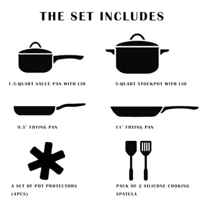 Vkoocy Non Stick Pots and Pans Set, Healthy Ceramic Cookware Set, 12pcs Kitchen Cooking Pots and Frying Sauce Saute Pans Set, PFAS-Free with Kitchen Utensils and Lid, Black