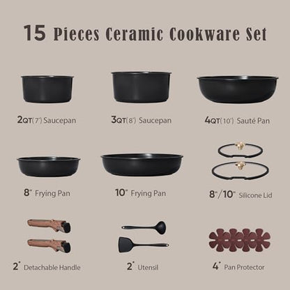 CAROTE 15Pcs Ceramic Cookware Set, Pots and Pans Set Non stick, Kitchen Cooking Set with Detachable Handle, Non Toxic Induction Cookware, Dishwasher/Oven Safe, PFAS Free, Black&Gold