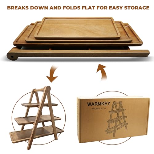 WARMKEY Acacia Wood 3 Tier Foldable Serving Tray – Rectangular Farmhouse Stand for Charcuterie Board, Cupcake, Dessert, Party Wedding Decor, Small Flower Pot Display, Easy Storage