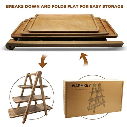 WARMKEY Acacia Wood 3 Tier Foldable Serving Tray – Rectangular Farmhouse Stand for Charcuterie Board, Cupcake, Dessert, Party Wedding Decor, Small Flower Pot Display, Easy Storage